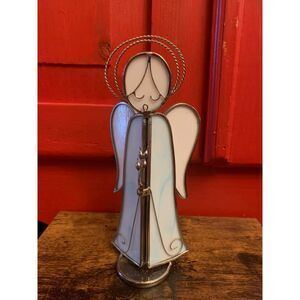 Stained Glass Angel Standing wth Halo 9 Inches Tall Blue White Singing Decor EUC